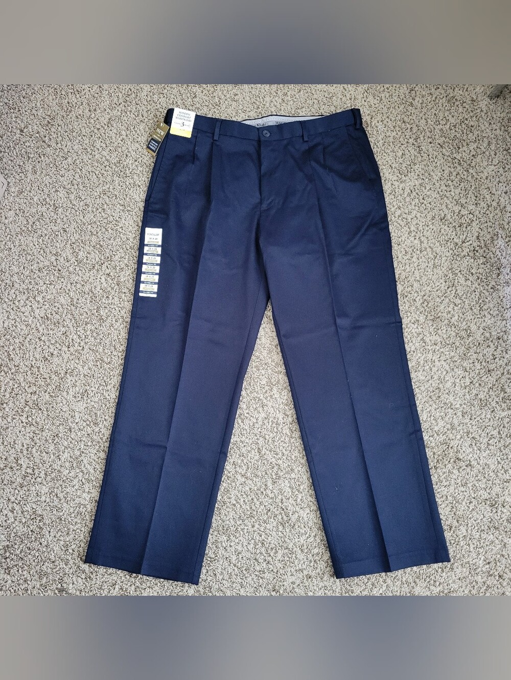 Haggar Iron Free Premium Khaki Pants Pleated Classic Fit Navy Blue Twill 38 X 29